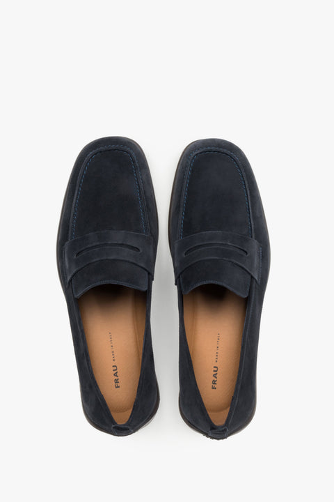 Navy blue men's premium velour loafers by Frau – a clean side profile highlighting the modern, flexible EVA microfoam sole.