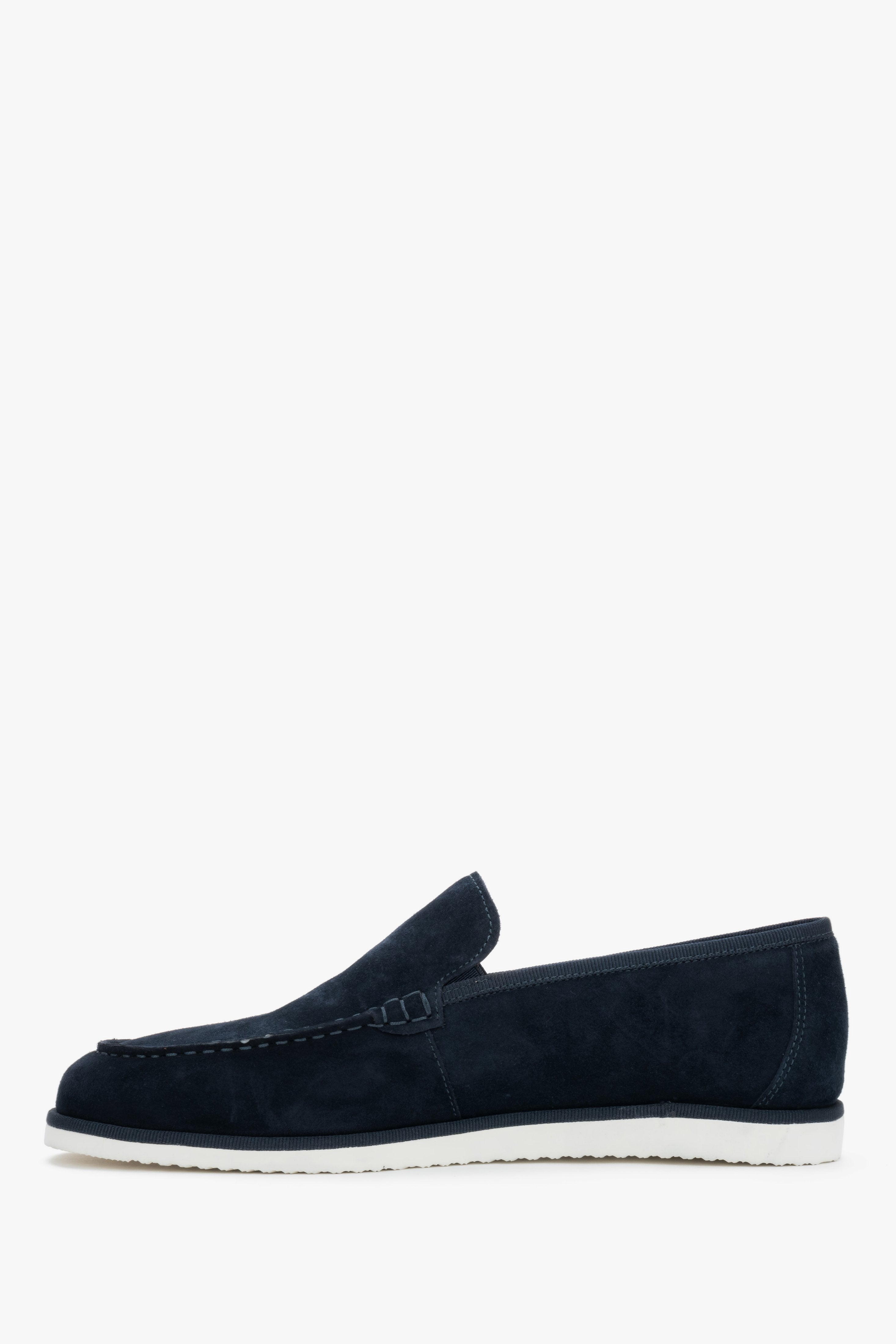Elegant navy velour slip-on shoes for men with decorative stitching.