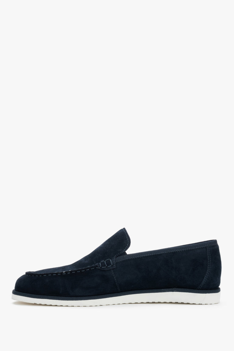 Elegant navy velour slip-on shoes for men with decorative stitching.