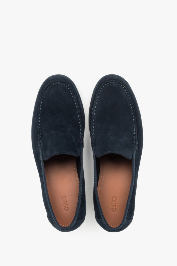 Men's spring/autumn loafers in navy blue velour with a lightweight EVA sole.