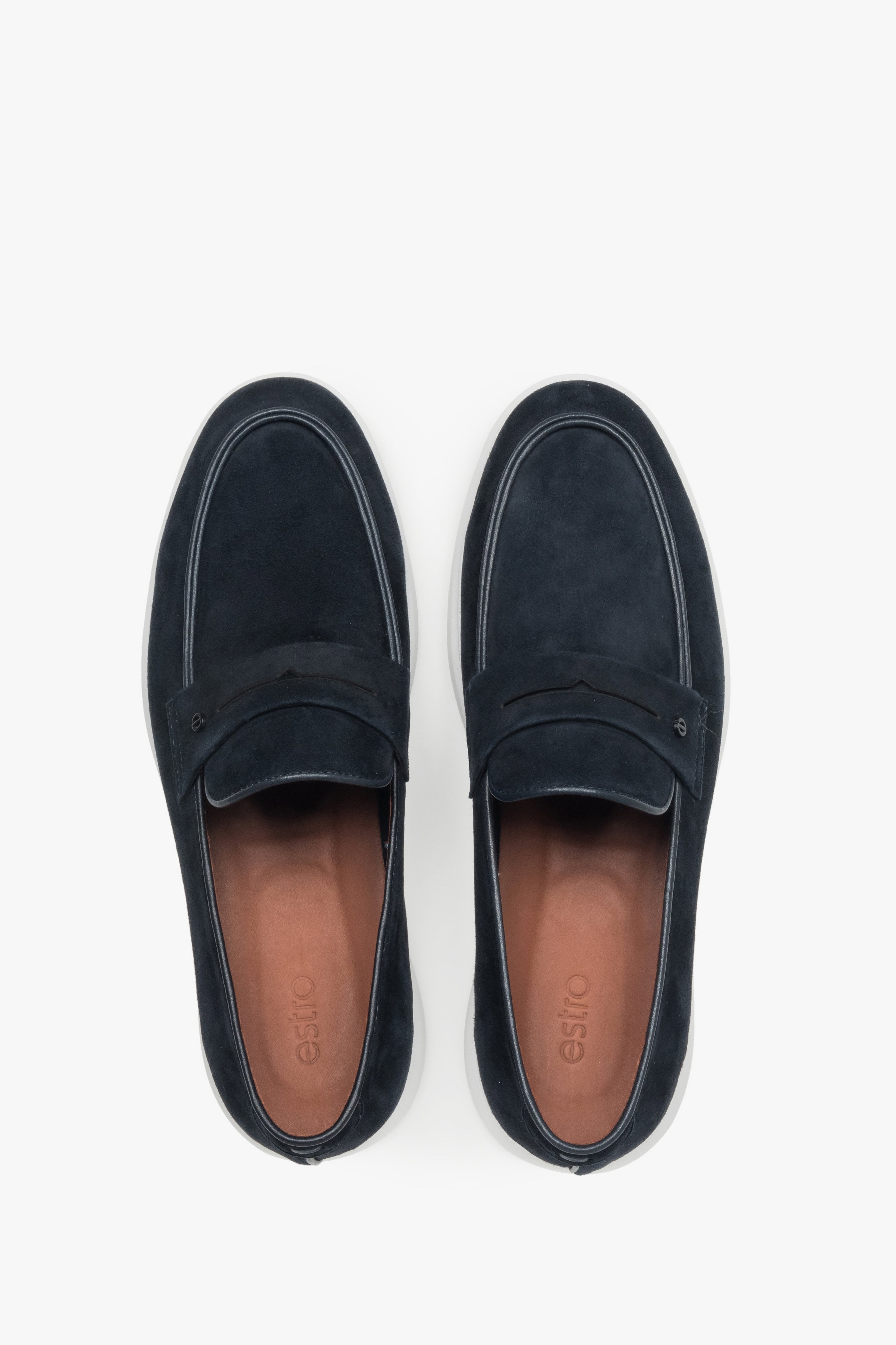 Men’s moccasins on a flexible sole, navy, made of natural velour, Estro.