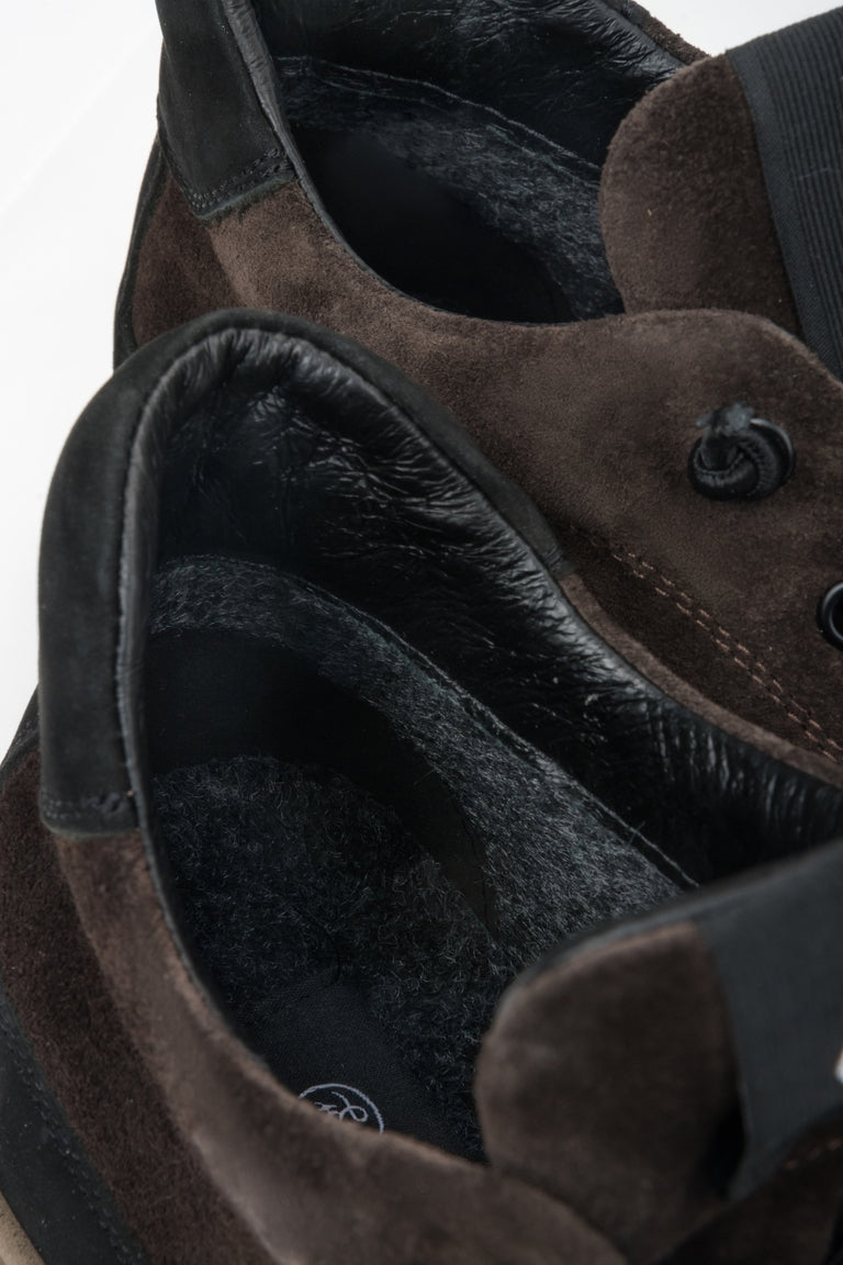 Men's Saddle Brown High-Top Sneakers with Italian Velour, Leather, and Light Insulation.