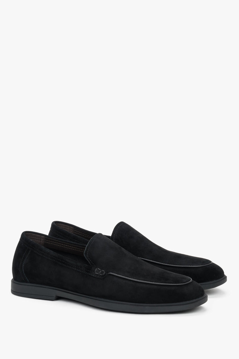 Men's slim black natural velour loafers with an elongated toe, Estro.