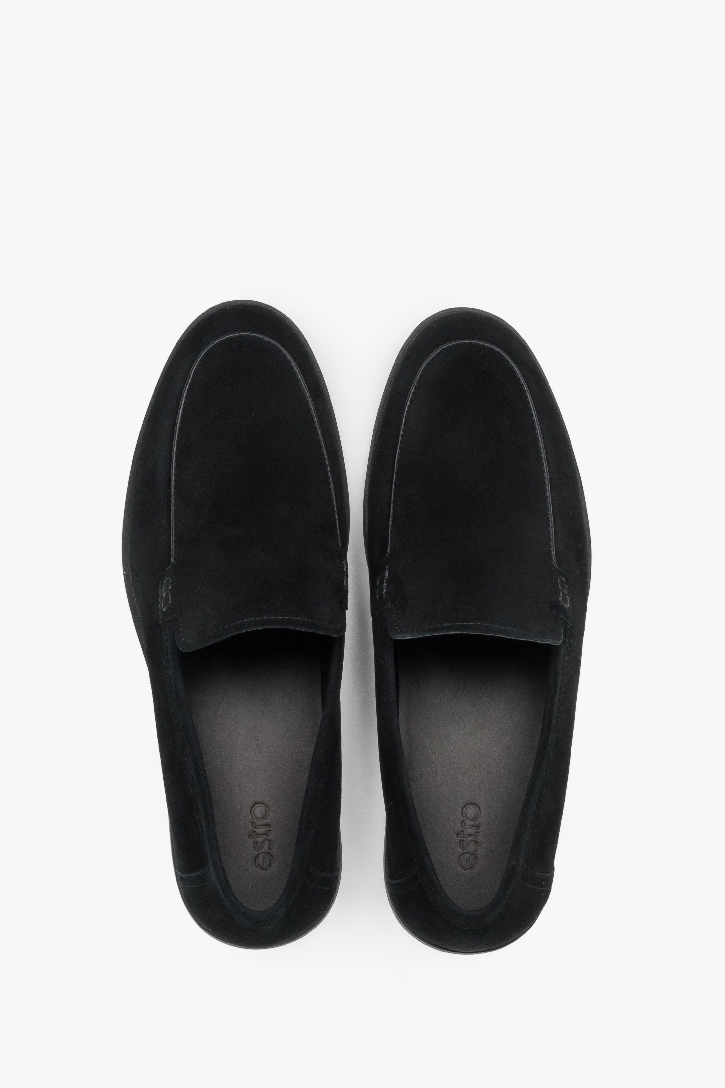 Men's elegant black loafers in soft natural velour with a low-profile rubber sole.