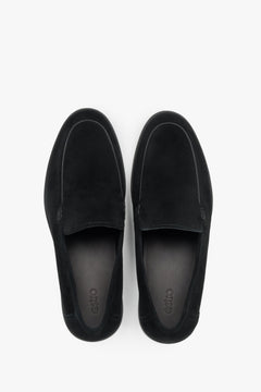 Men's elegant black loafers in soft natural velour with a low-profile rubber sole.