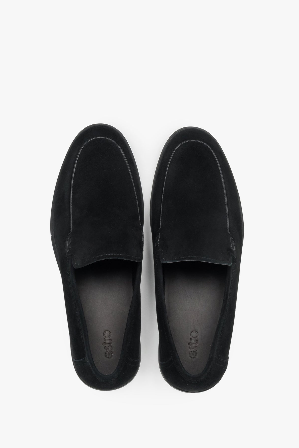 Men's elegant black loafers in soft natural velour with a low-profile rubber sole.