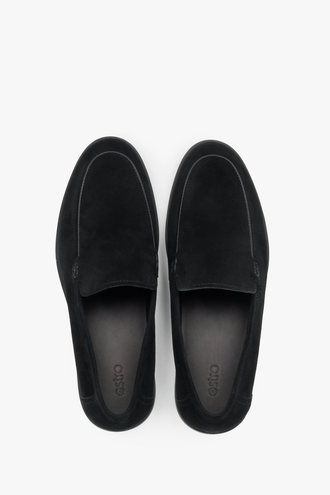 Men's elegant black loafers in soft natural velour with a low-profile rubber sole.