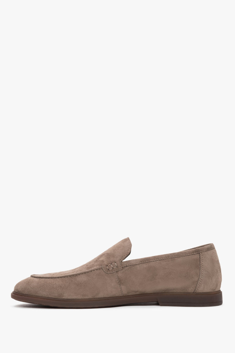 Elegant khaki green velour slip-on shoes for men with raised stitching.