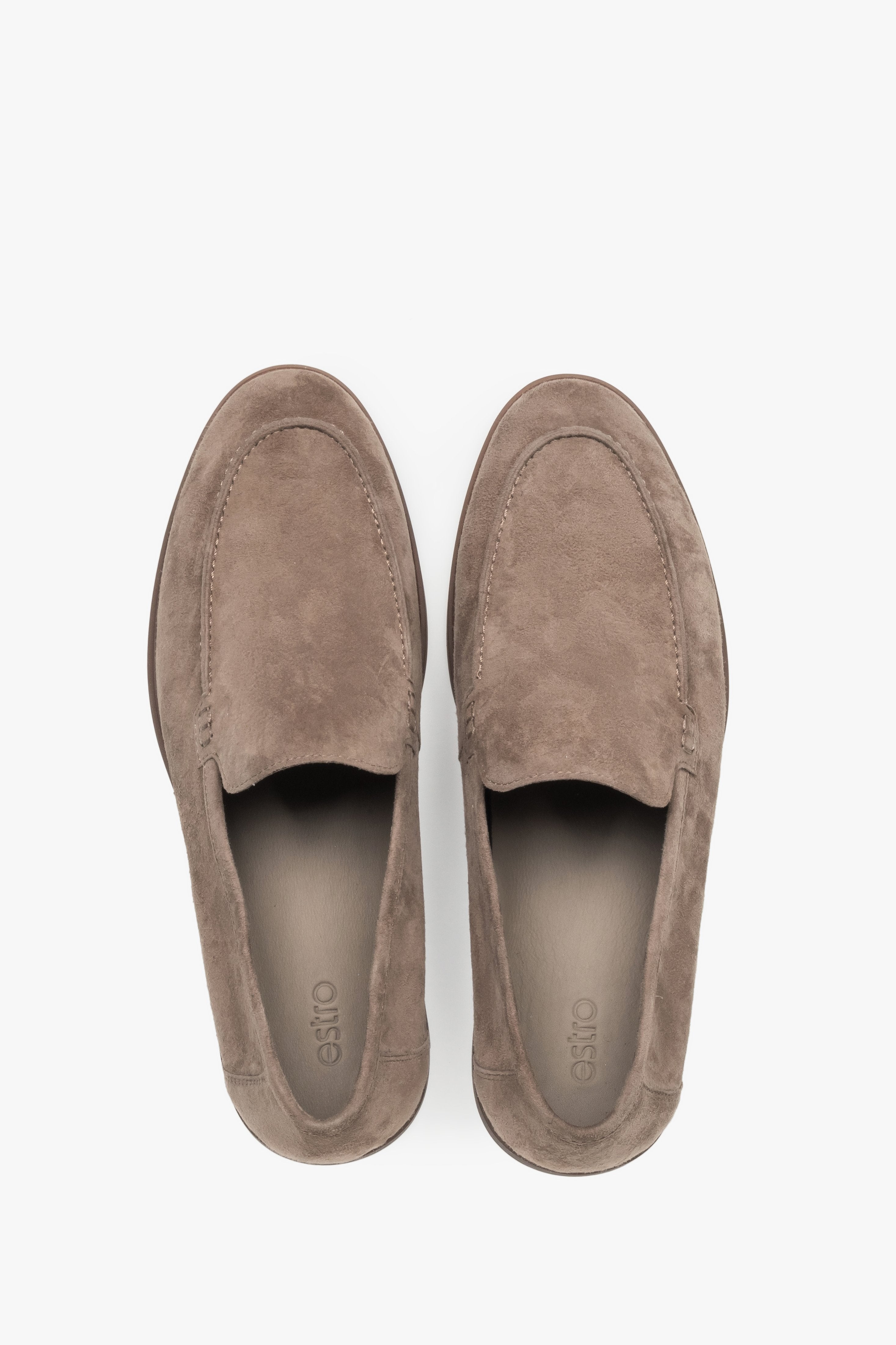 Estro men's khaki loafers featuring a premium leather interior and flat heel.