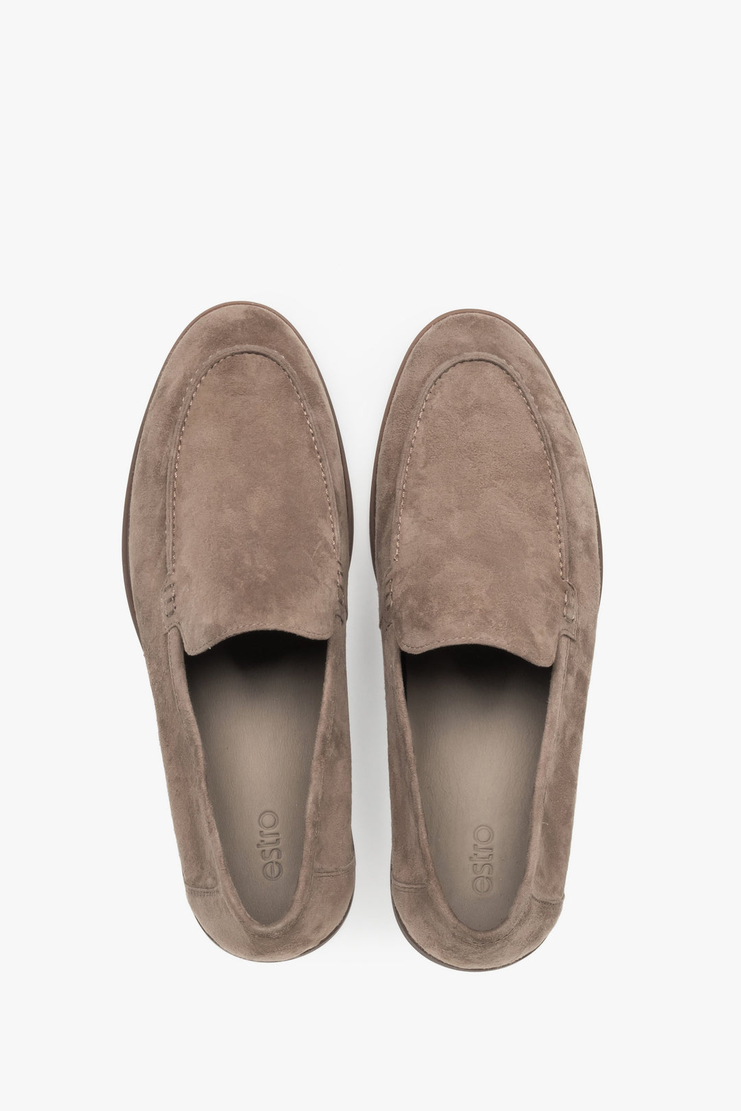Estro men's khaki loafers featuring a premium leather interior and flat heel.