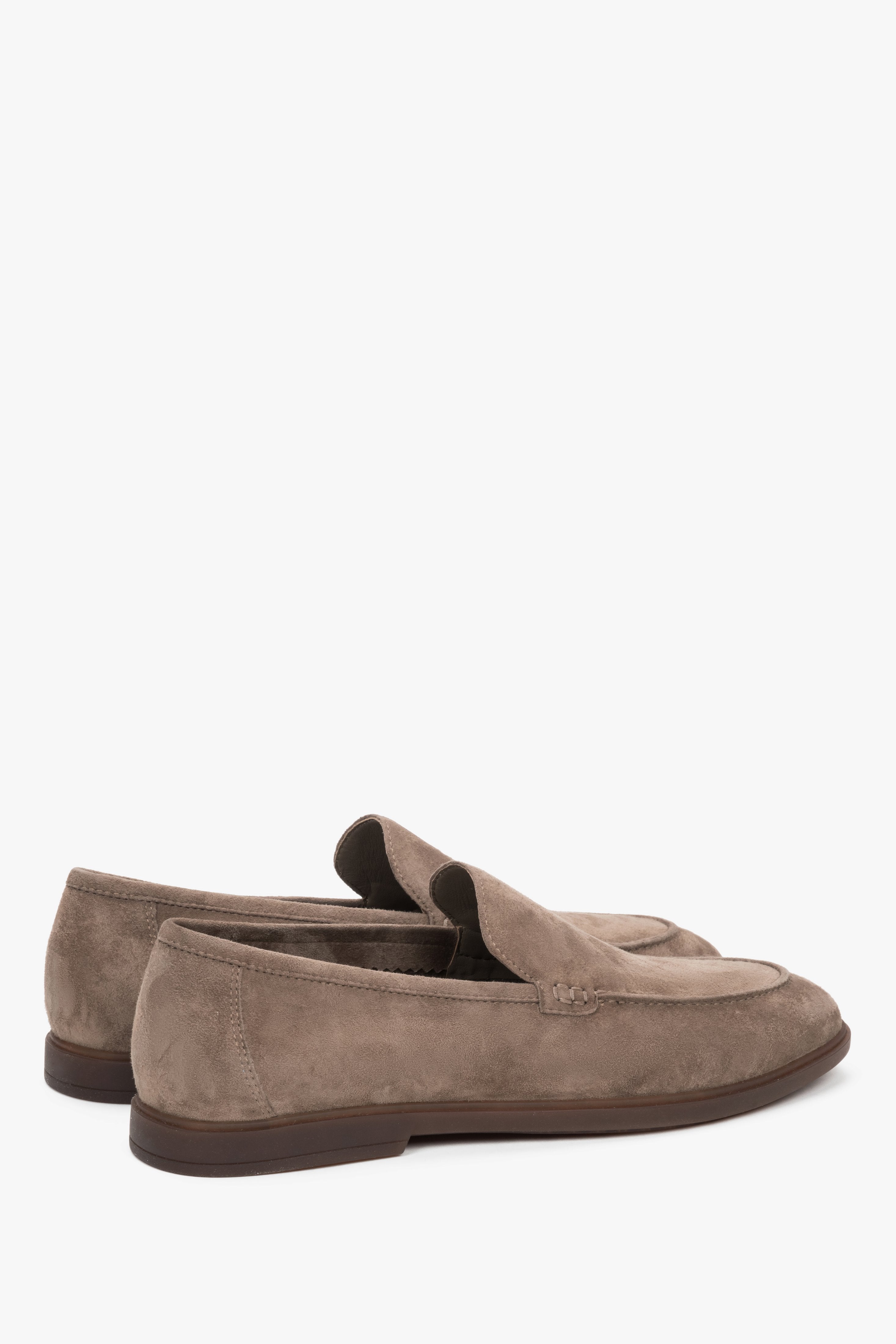 Close-up of the decorative raised seams on khaki natural velour loafers.