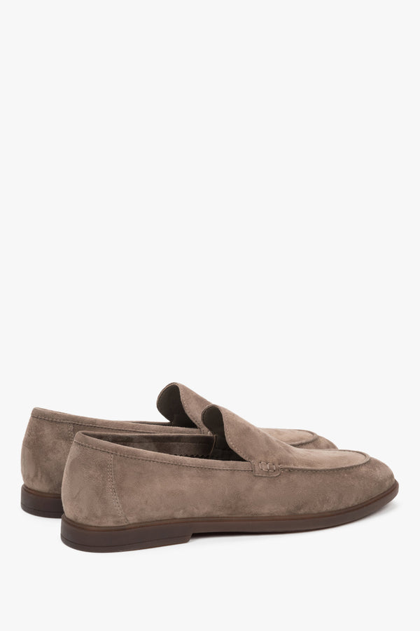 Close-up of the decorative raised seams on khaki natural velour loafers.