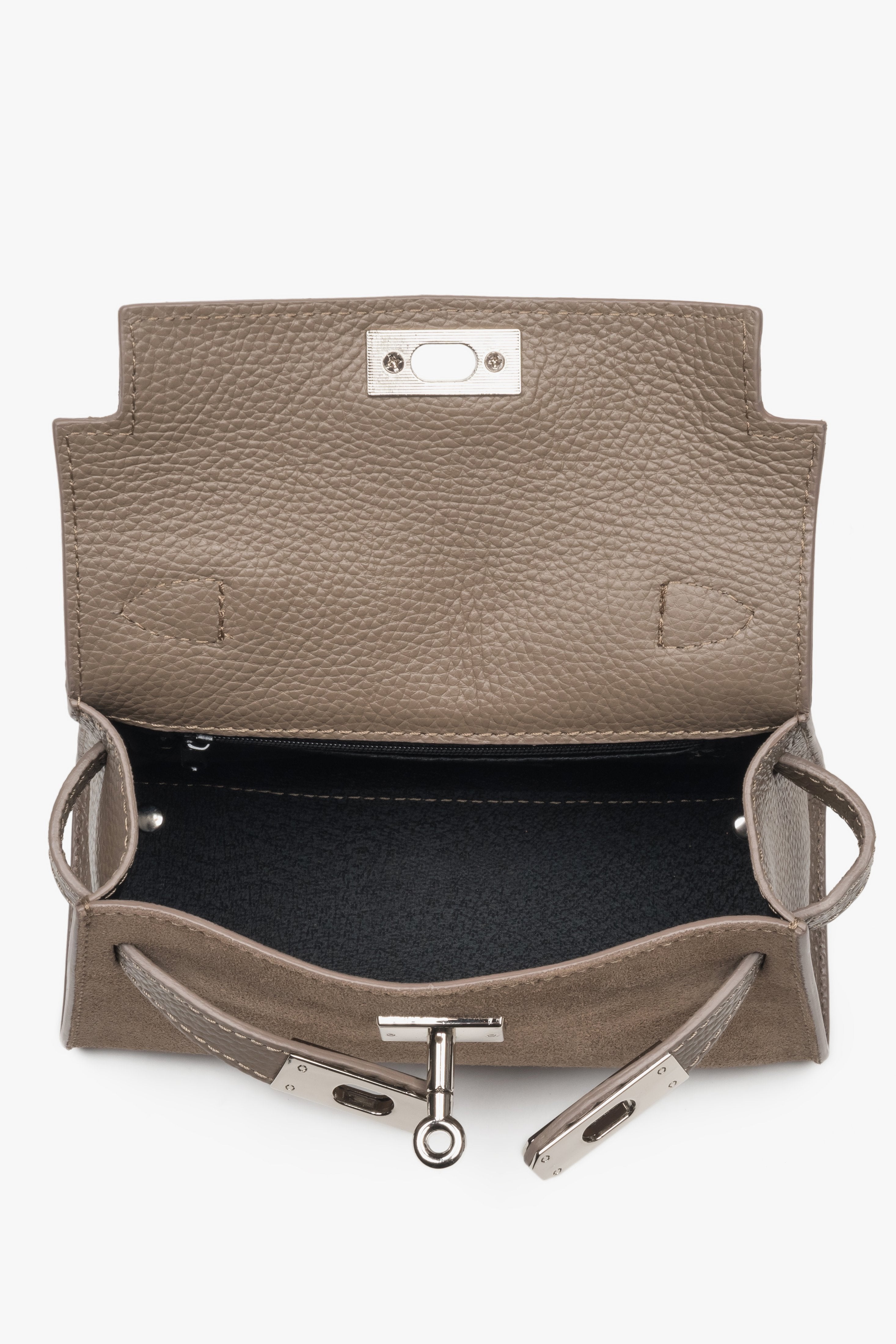 Dark beige women’s satchel handbag, made of Premium Italian velour with silver hardware, Estro.