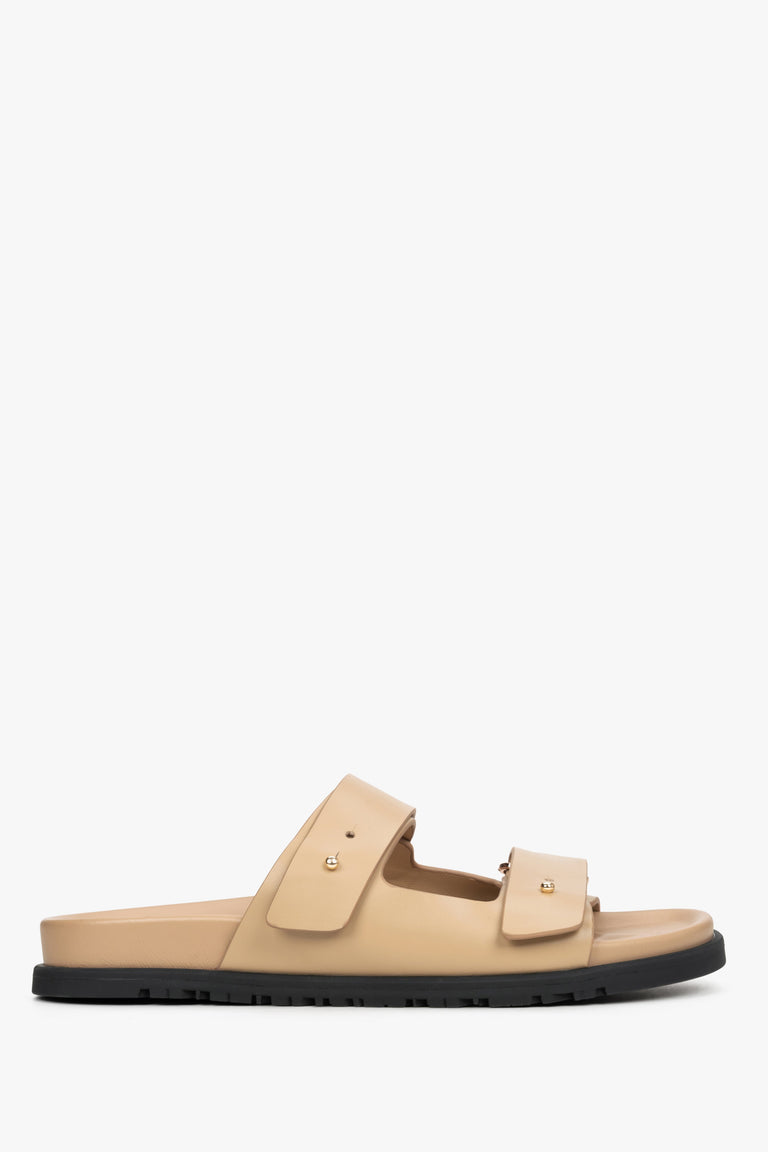 Women's Beige Leather Slides with Adjustable Thick Straps Estro ER00114727.