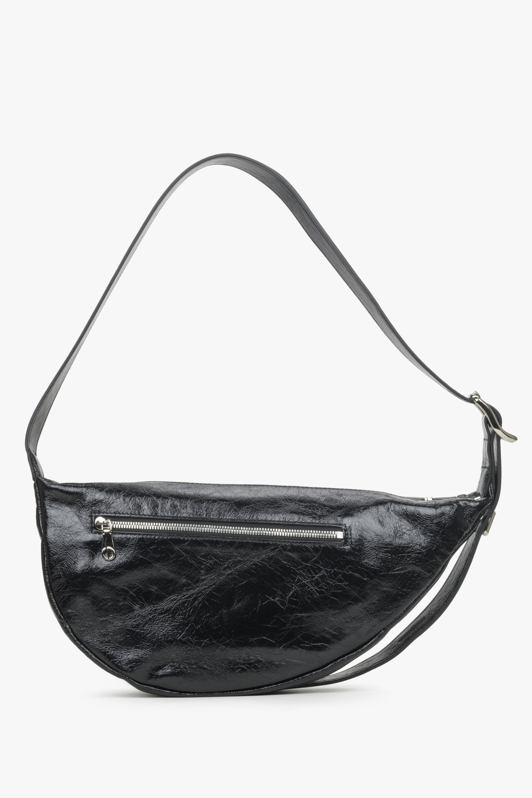Women's black patent leather  Estro shoulder bag - back view of the model.