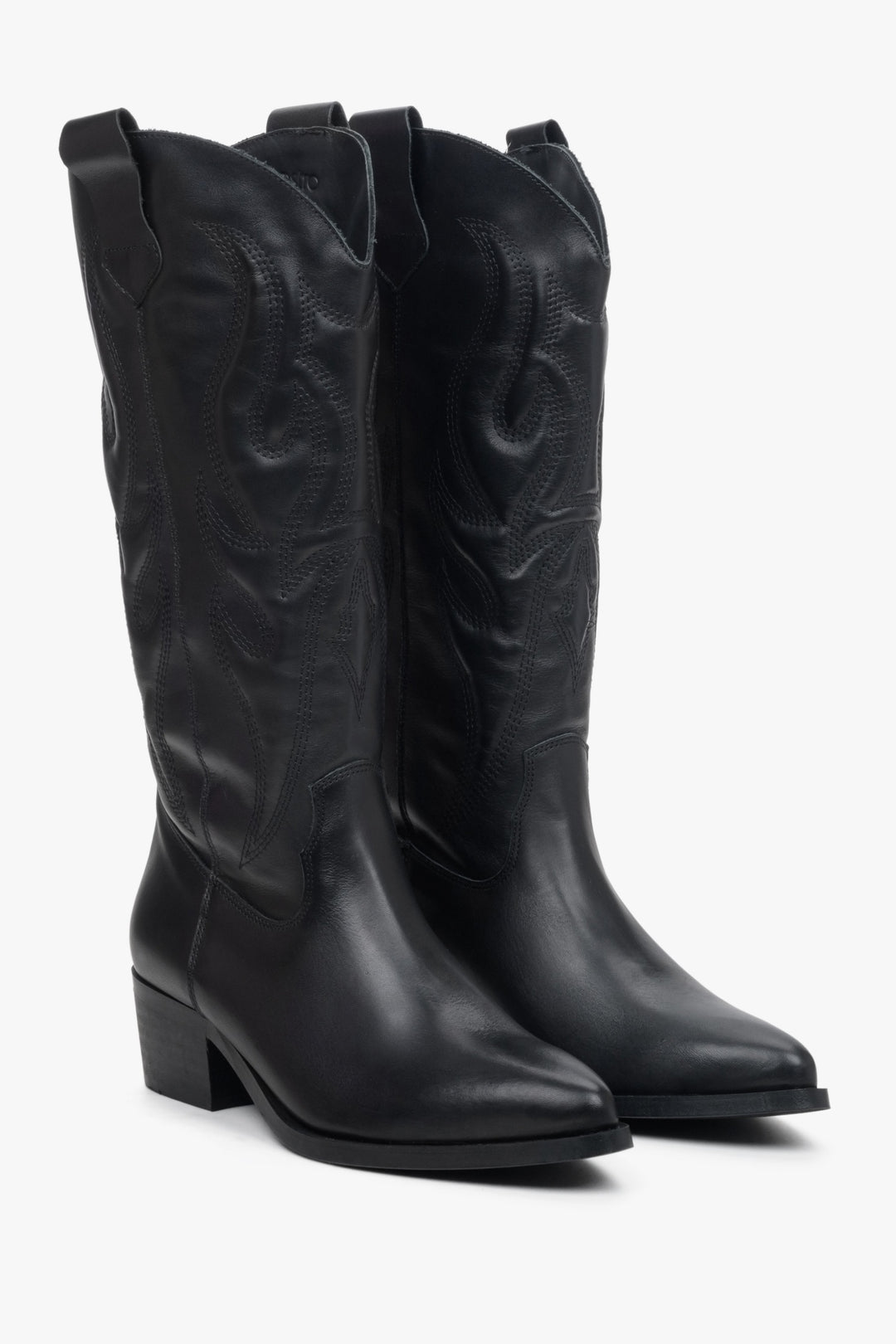 Women's black leather cowboy boots by Estro.