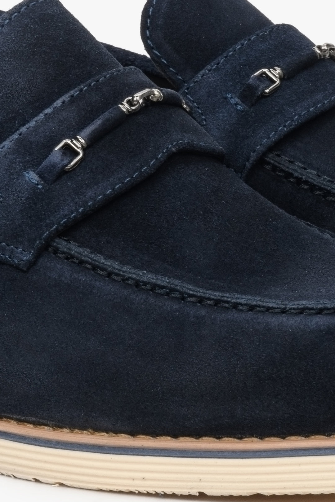 Men's navy blue velour loafers - close-up on the details.