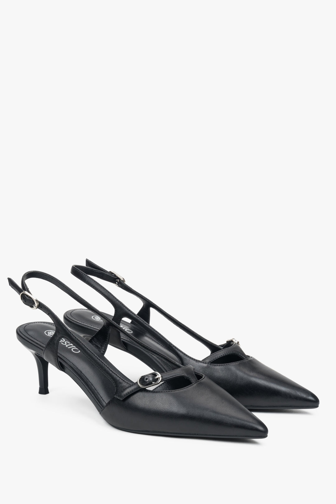 Black slingback low-heel sandals by Estro.