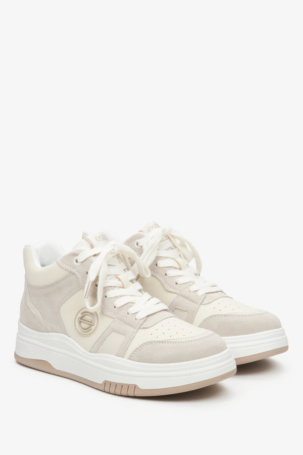 Women's high-top leather sneakers by Estro in beige and white.