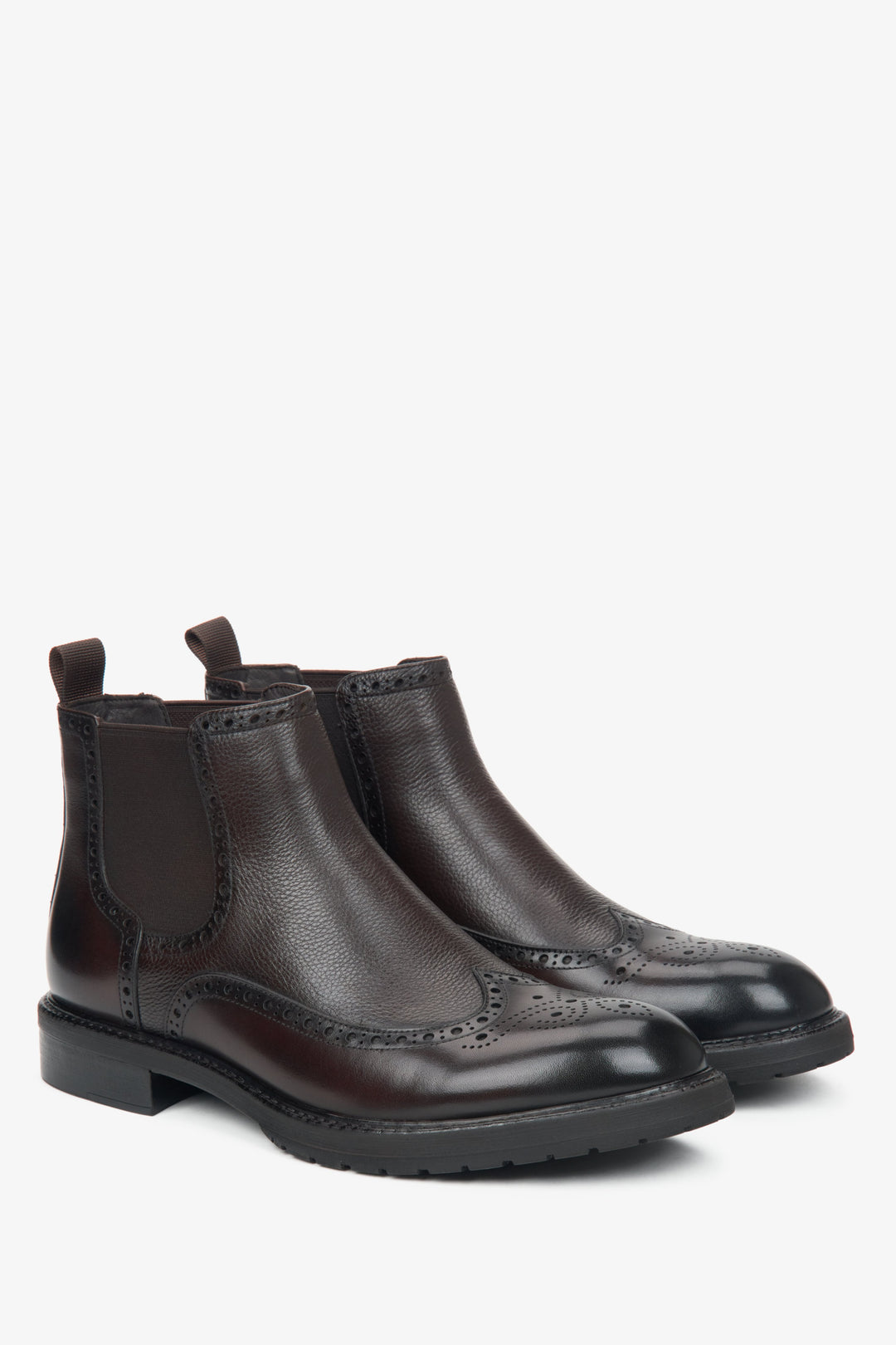 Men's dark brown Chelsea boots made of genuine leather with folk perforation Estro.