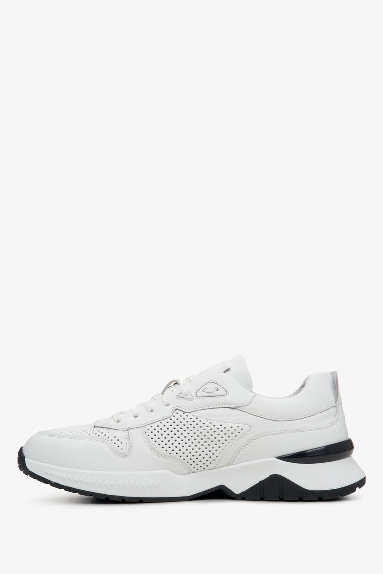 Men's white leather sneakers with perforations for fall.