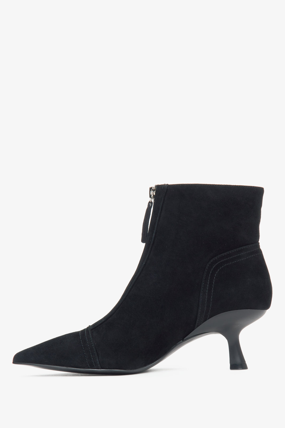 Black ankle boots made of natural velour for women with a low stiletto heel by Estro.