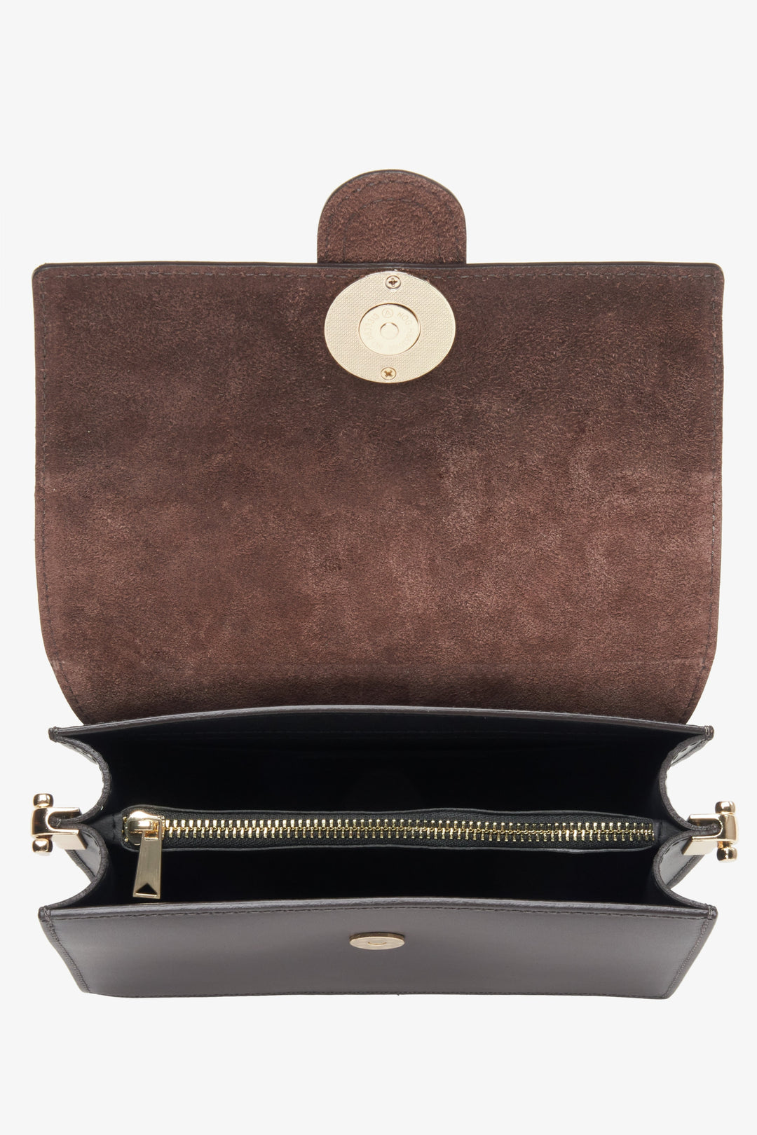 Women's dark brown handy bag made of Italian leather - presentation of the main compartments.