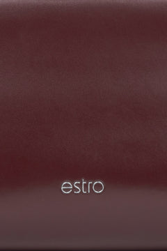 Women's burgundy leather handbag - a close-up on details.