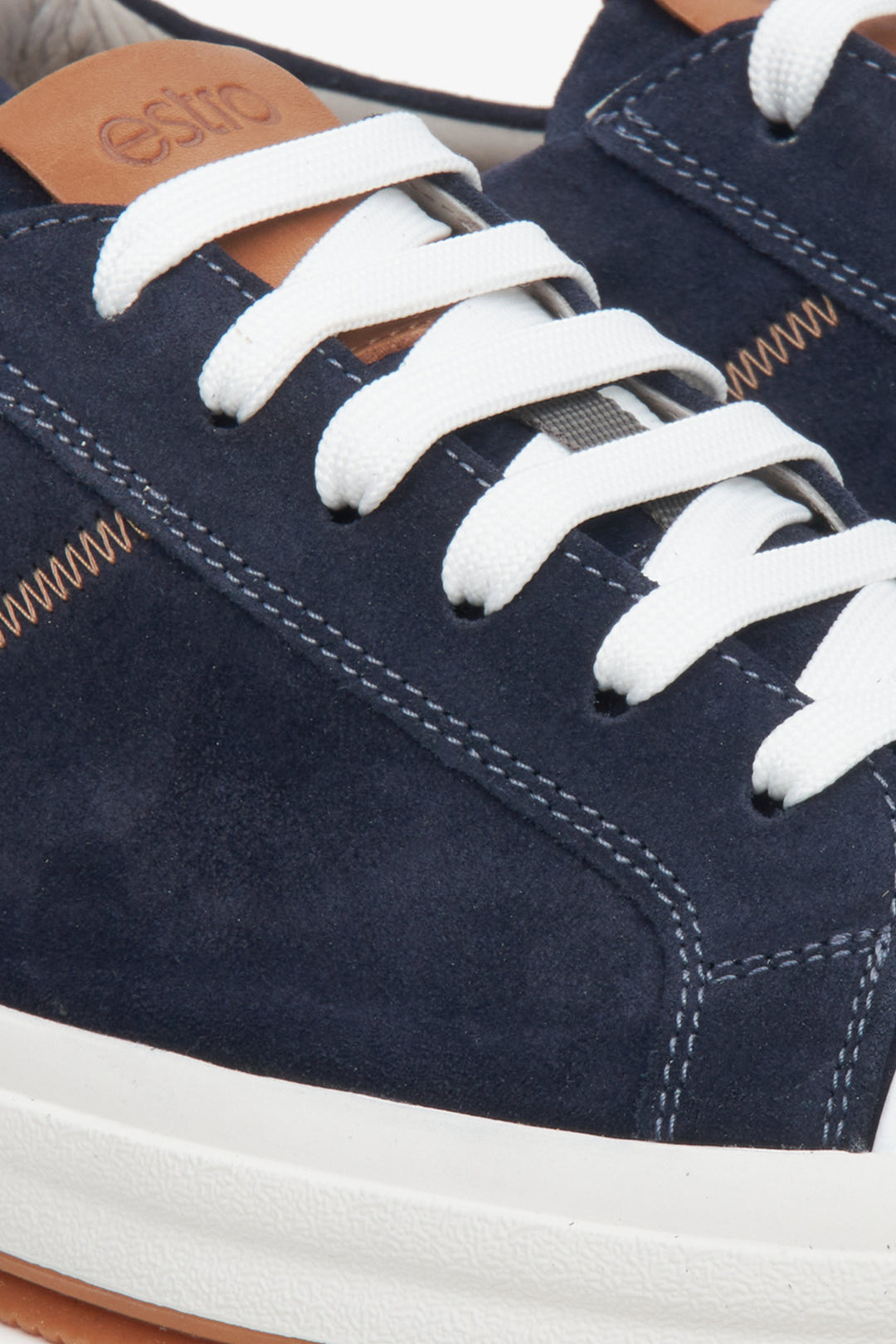 Estro navy blue men's sneakers made of genuine velour - close-up on details.