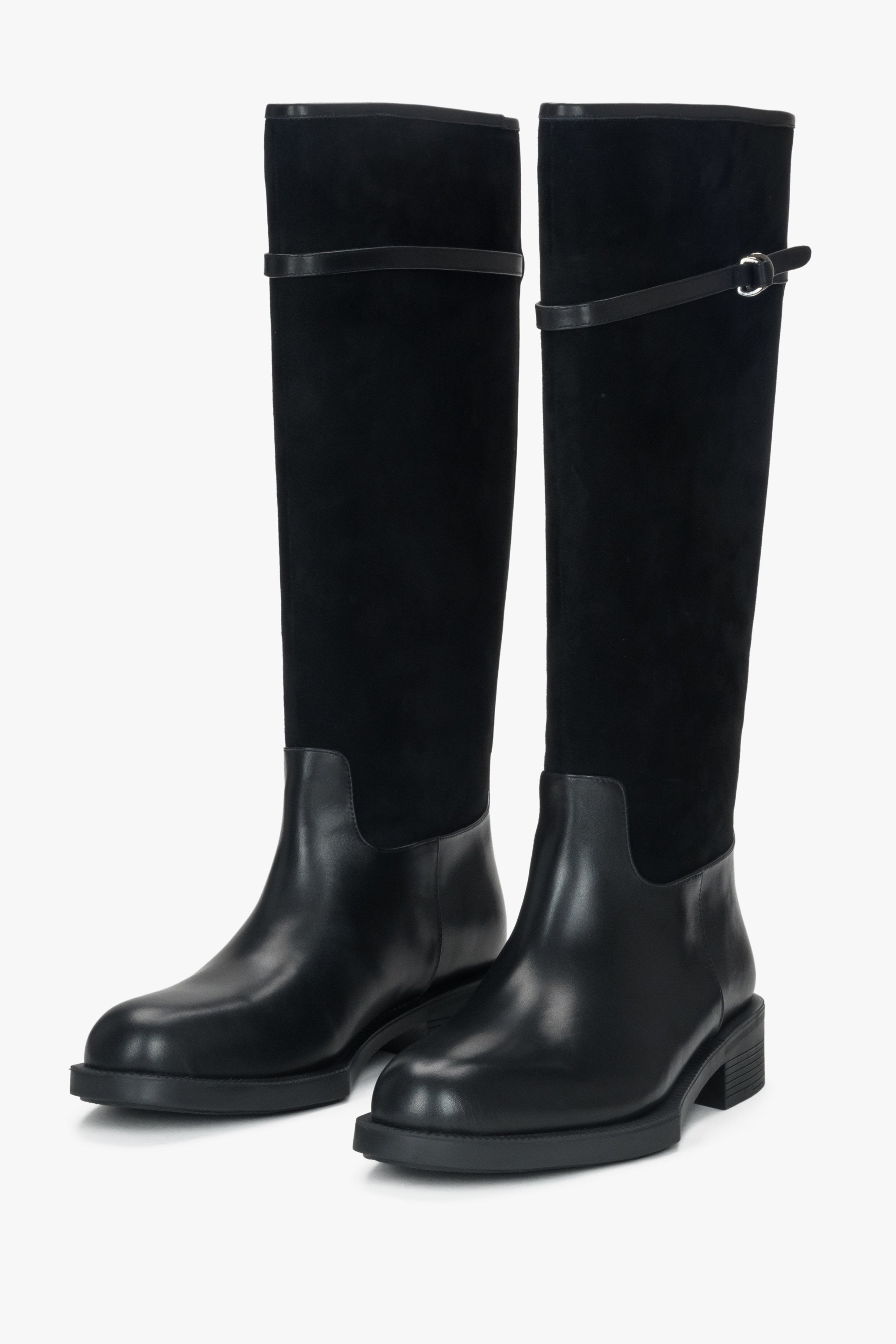 Estro women's black boots with a decorative buckle made of velour and genuine leather - front view presentation.