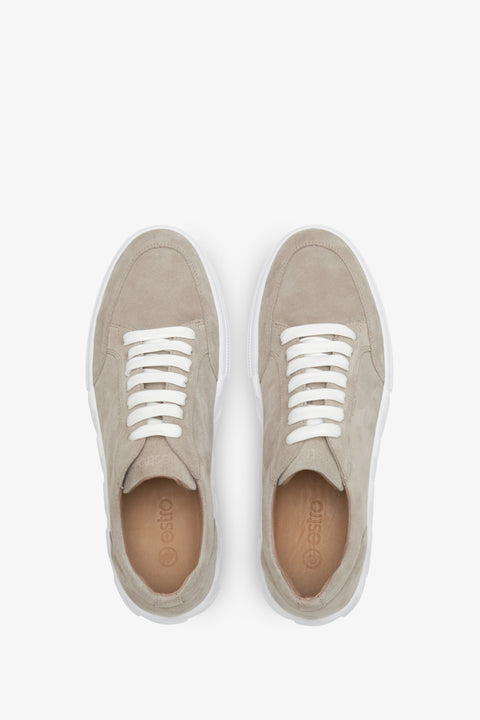 Men's beige sneakers made of genuine suede with laces - top-down view presentation of the model.