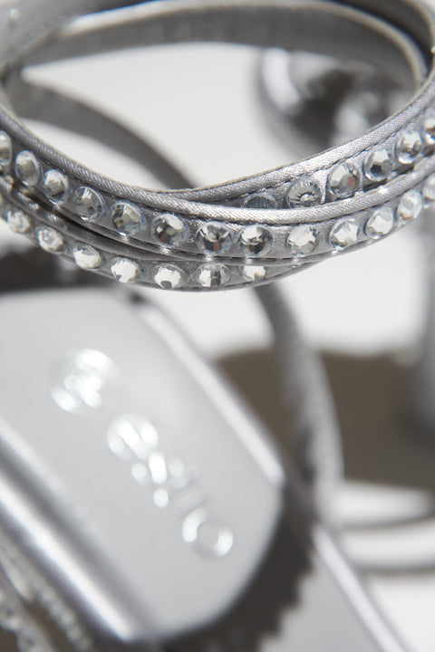 Women's Silver Rhinestone-Embellished Heeled Sandals - close-up on details.