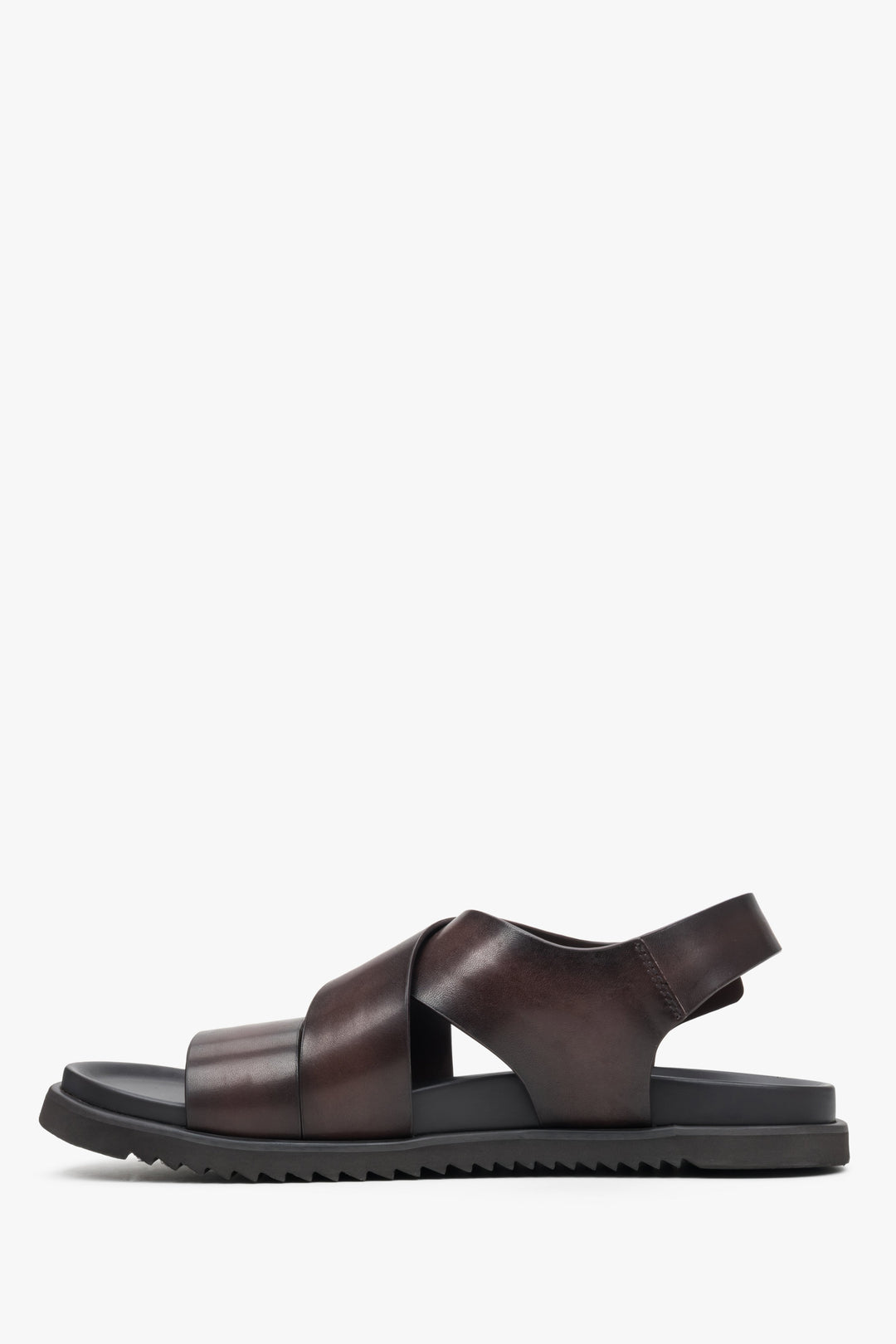 Men's dark brown  summer sandals made from genuine and synthetic leather with thick, crossed straps.