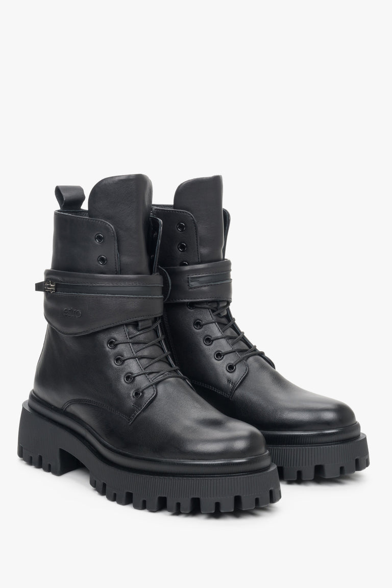 Women's winter boots made of genuine black leather by Estro - close-up of the front and side of the shoe.