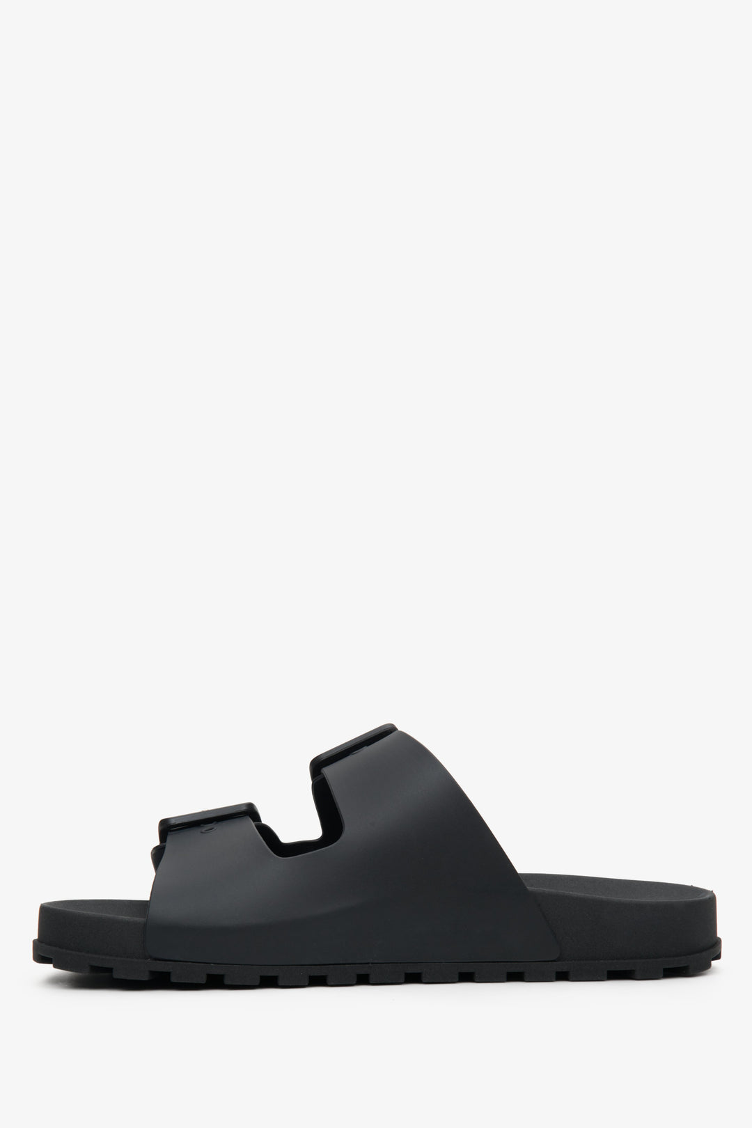 Rubber, women's black flip-flops by Estro - shoe profile.