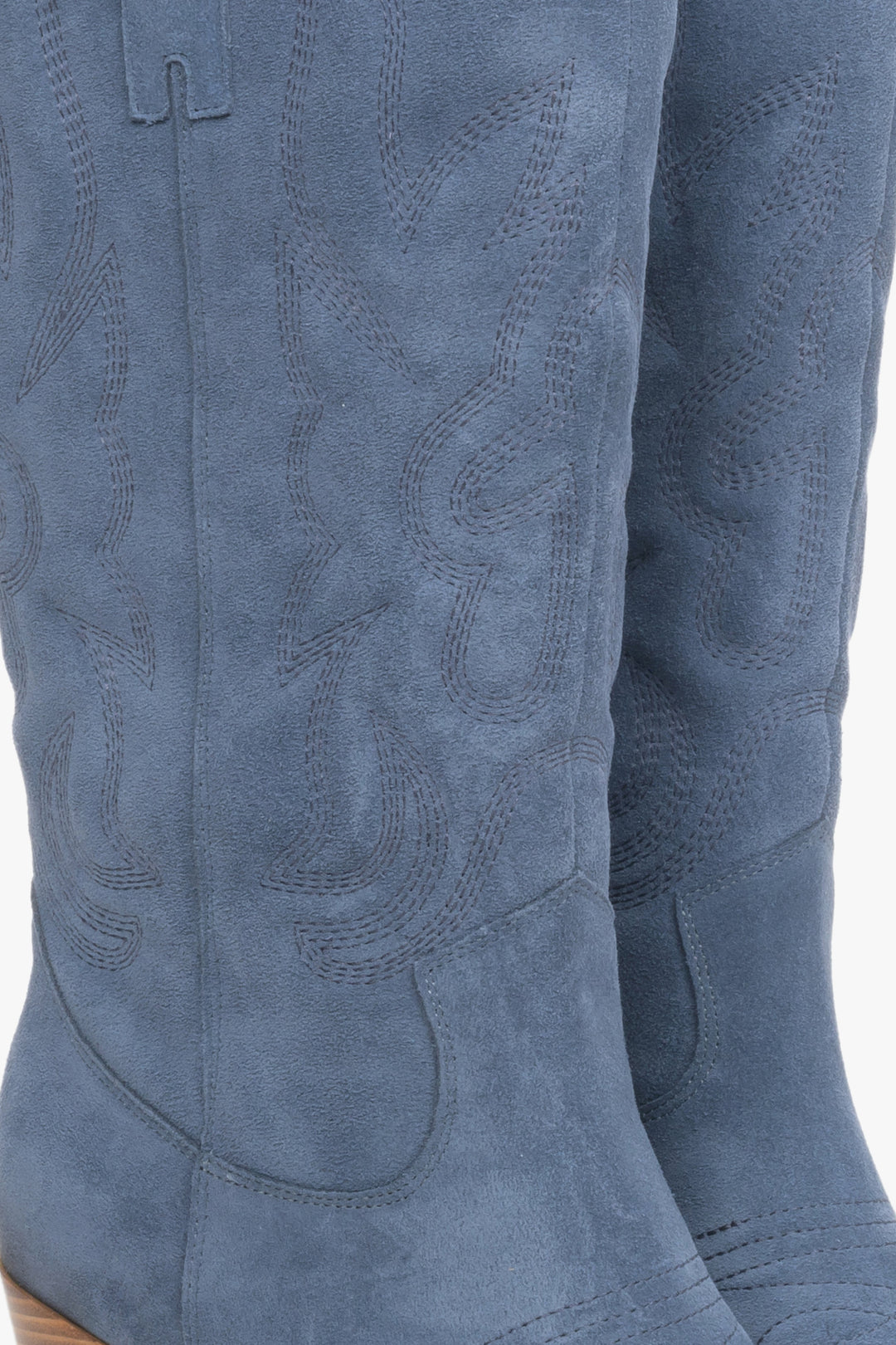 Blue high women's cowboy boots made of genuine velour, Estro - close-up on the detail.