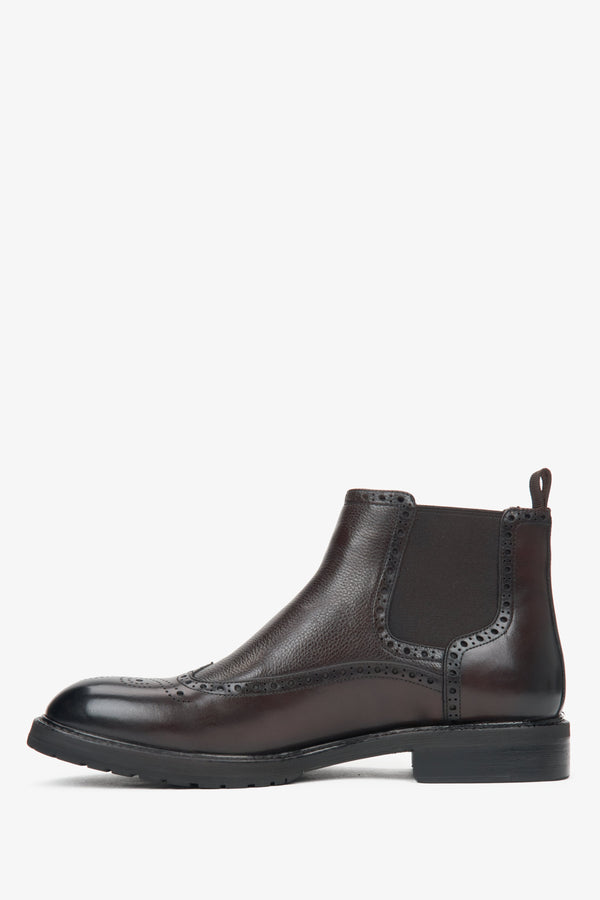 Leather Chelsea boots for men Estro in dark brown with folk perforation - side profile.