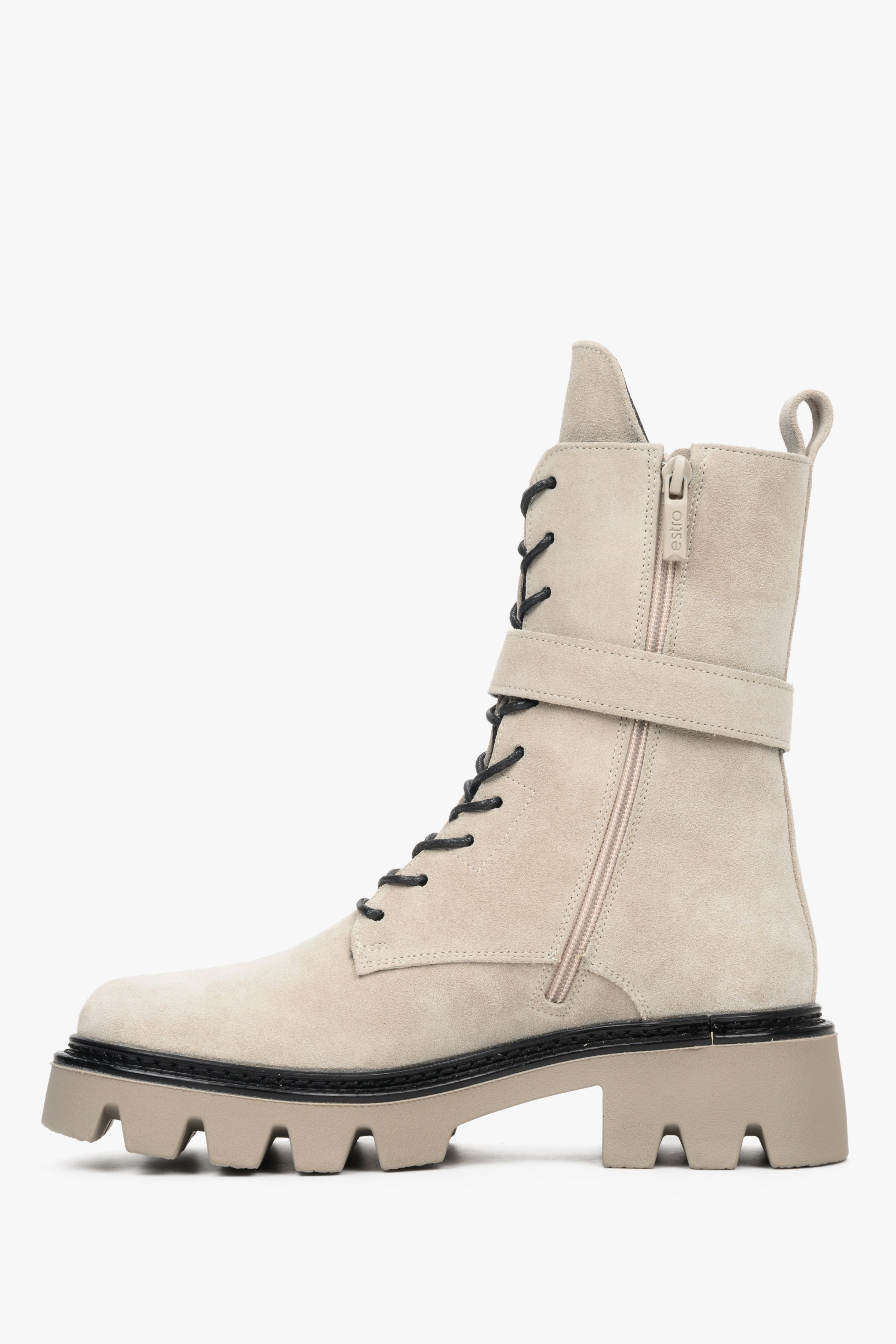 Women's boots for winter made of genuine velour in beige by Estro - shoe profile.