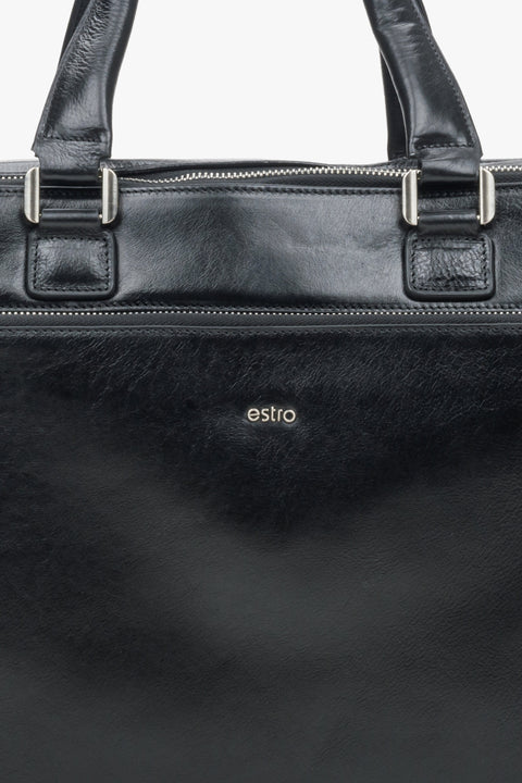 Men's black leather briefcase by Estro - details.