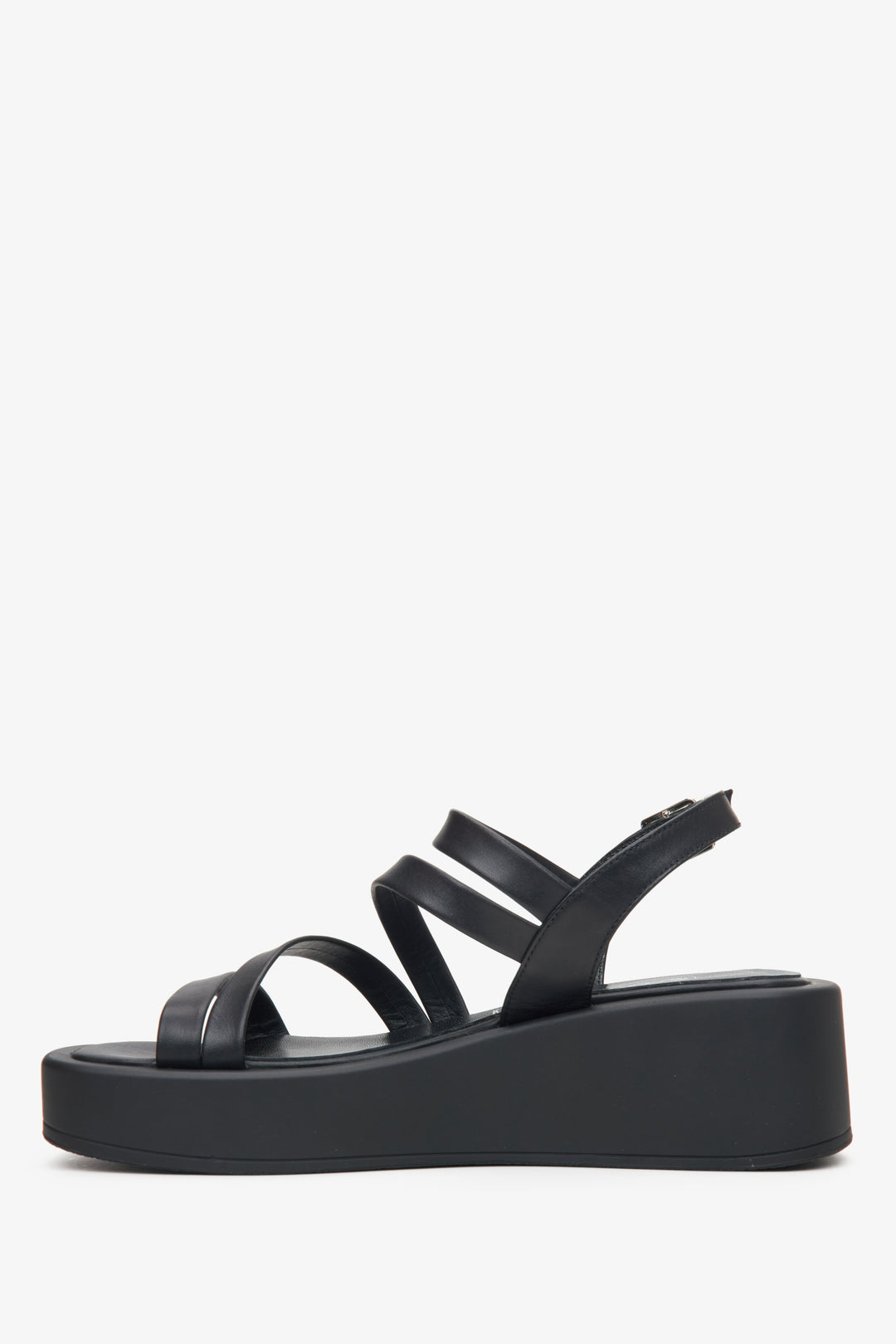 Women's leather black wedge sandals by Estro - shoe profile.