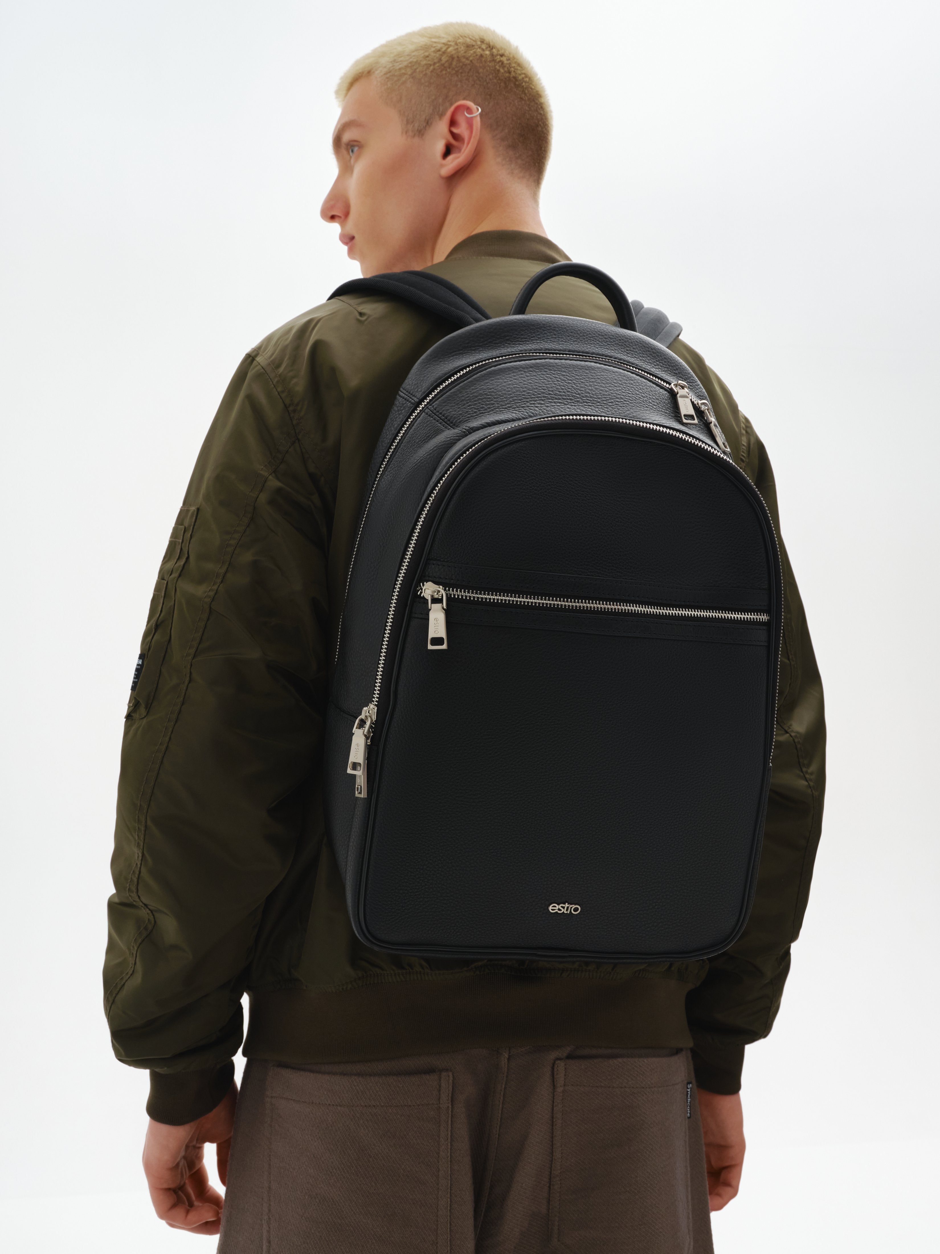 Men's Black Backpack made of Genuine Leather Estro ER00111689.