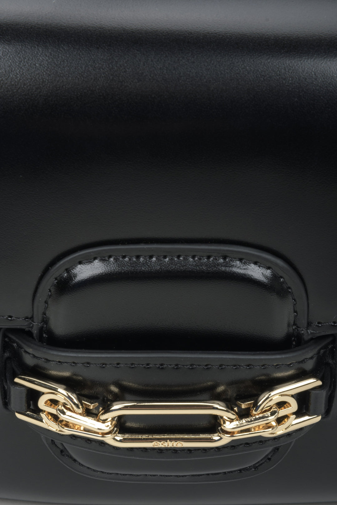 Women's black leather bag - close-up on the detail.
