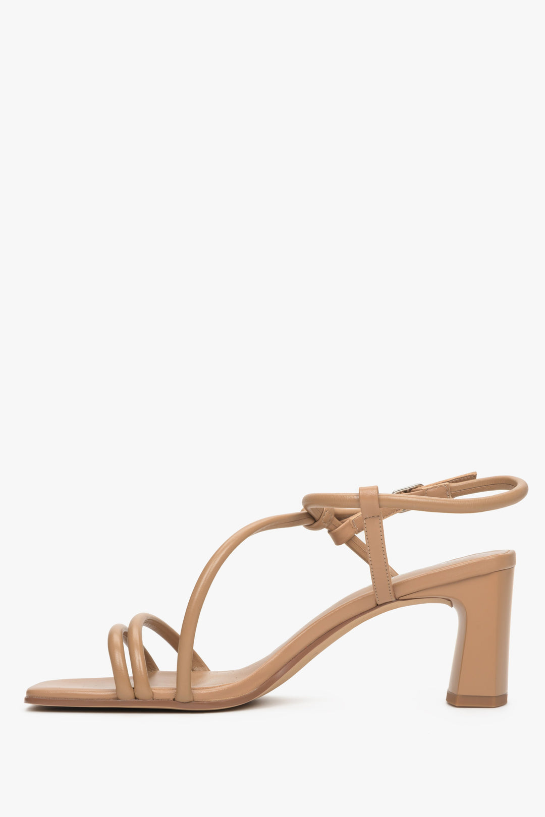 Block heel strappy women's sandals in light brown, Estro brand.