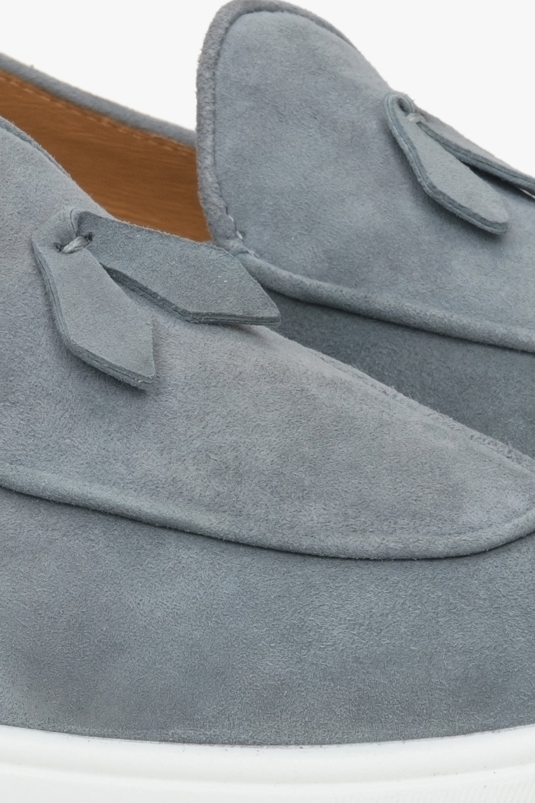 Women's grey velour loafers by Estro - close-up on details.