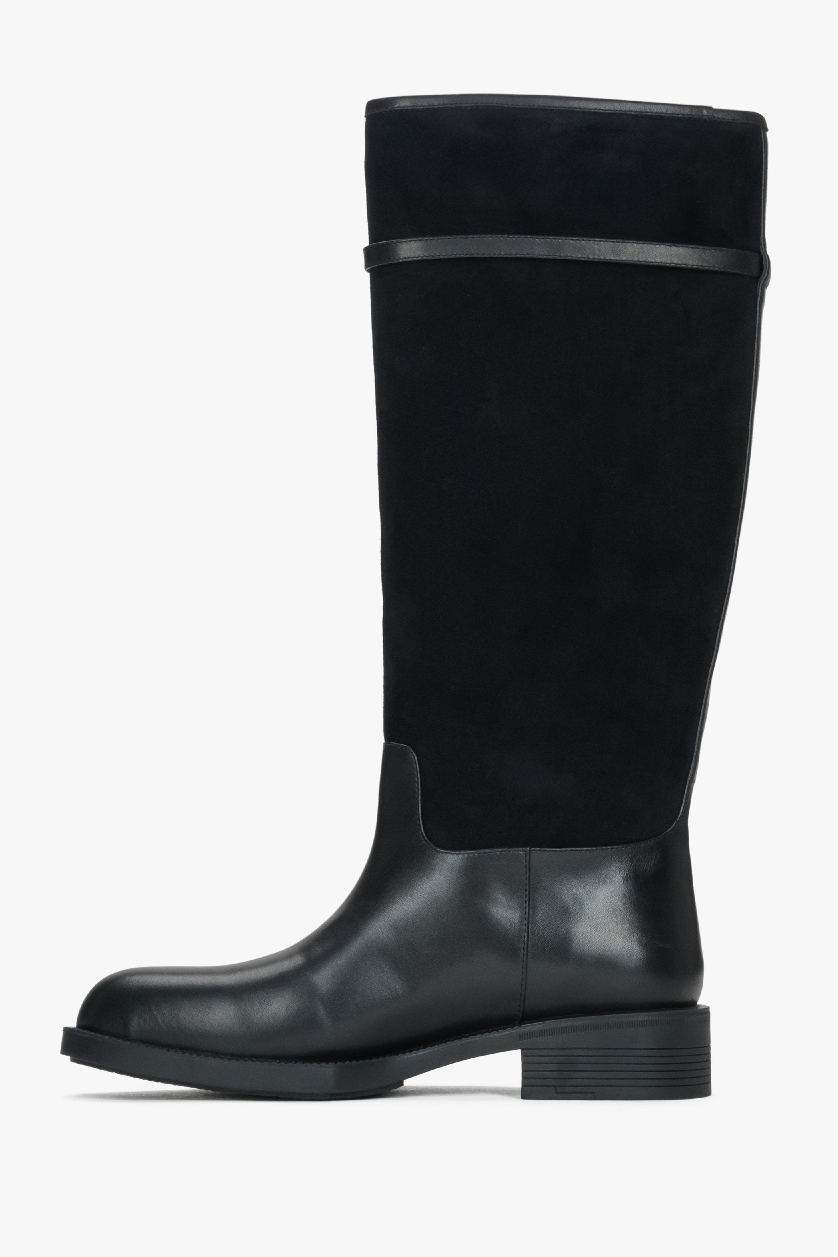 Estro women's black velour and leather boots with a decorative buckle - side profile of the boot.