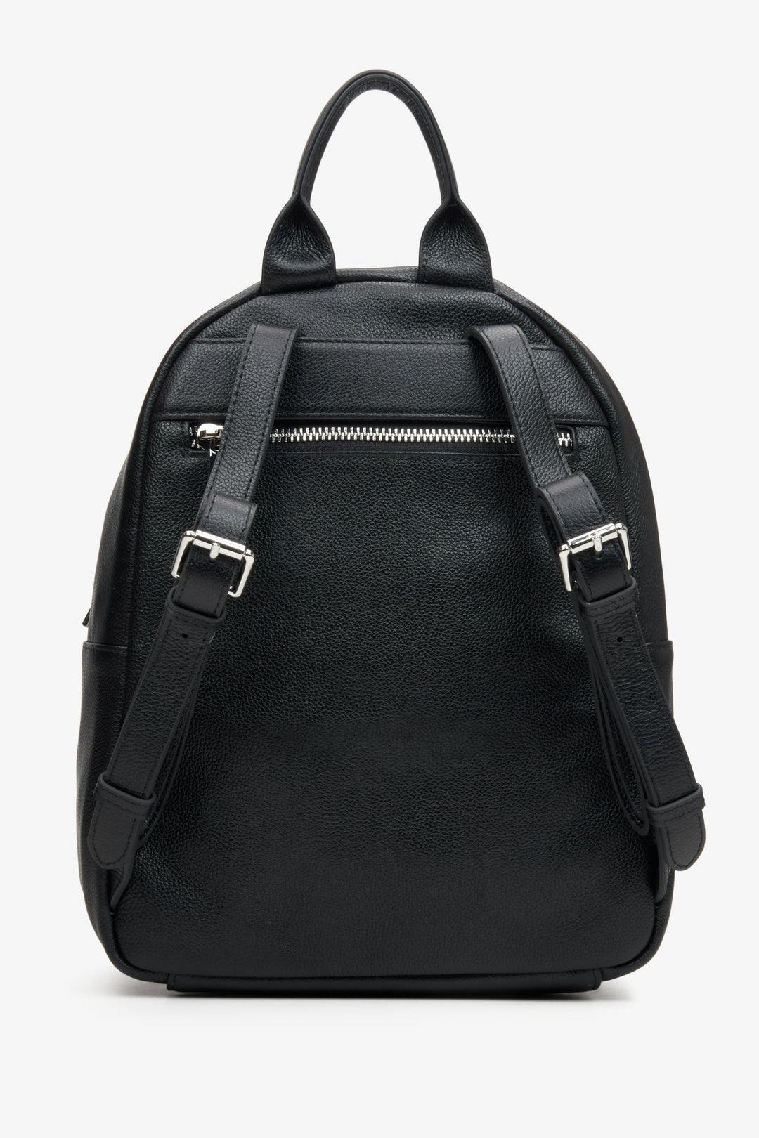 Women's black leather backpack with long straps by Estro - back view.