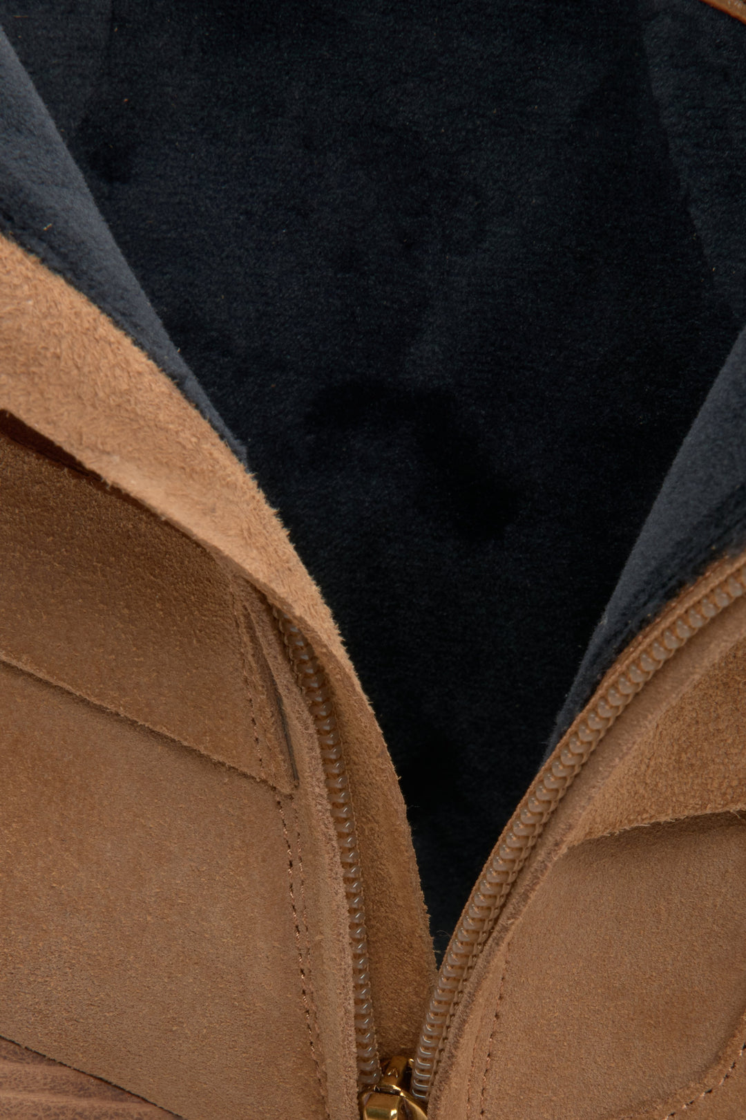 Women's low brown suede cowboy boots by Estro - close-up of the interior of the boot.