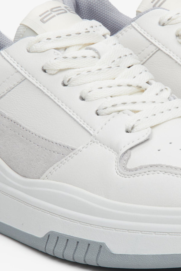 Sophisticated women's white and grey leather sneakers ES 8 - close-up on details.