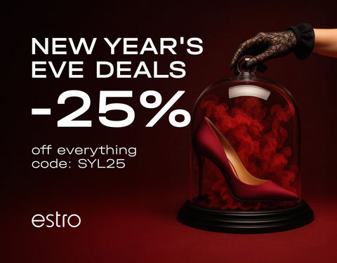 Promotional image for New Year's Eve deals with a high heel shoe in a glass dome, hand holding the lid, on a dark background.