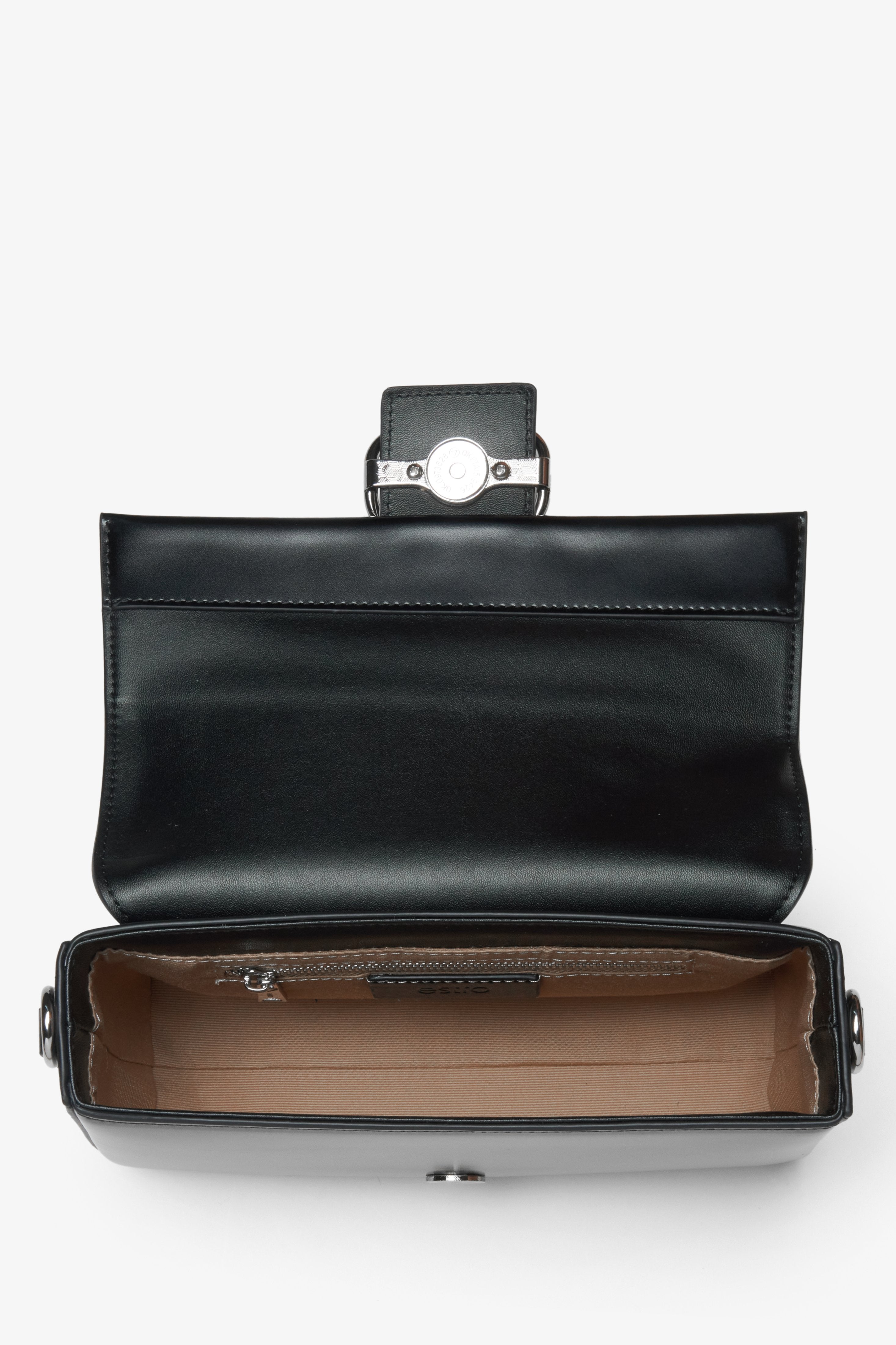 Black leather women's bag - interior view.